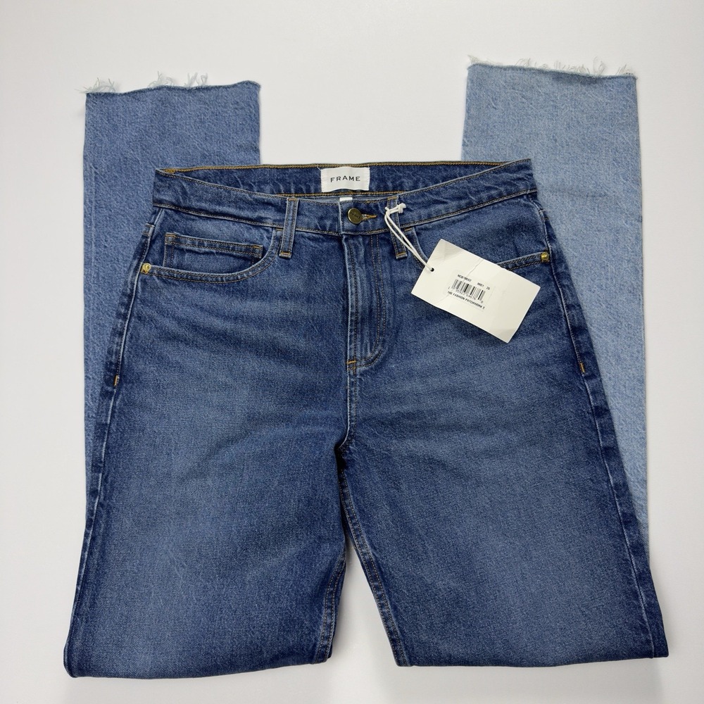 FRAME Womens Two-Tone Patchwork Straight Leg Jeans Raw Hem Denim Color Block  26 - Picture 15 of 15